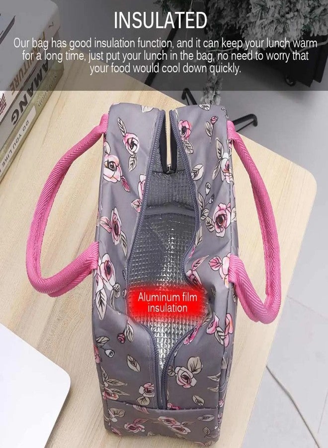 Flywind Insulated Lunch Bag for Women Small Lunch Leakproof Bag for Office, Work, School, Picnic Beach or Travel (Rose Flower Grey) - Image 3